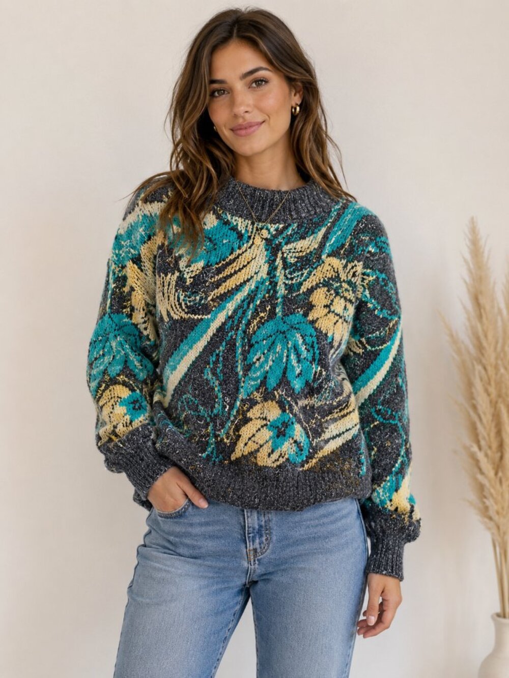 Unbranded Abstract Floral Fuzzy Knit Sweater Blue Cream Mock Neck